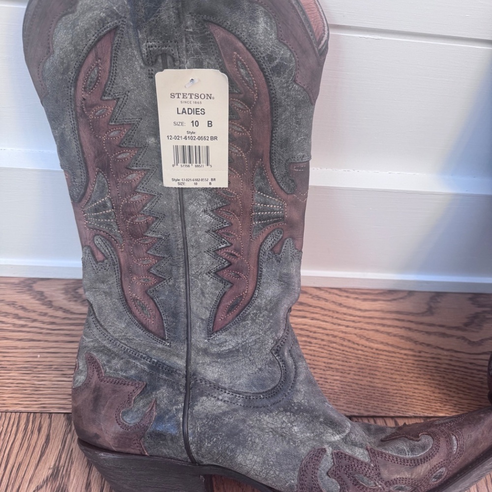 Stetson Western Pointed Toe Eagle Distressed Crackled Boots - Picture 2 of 4